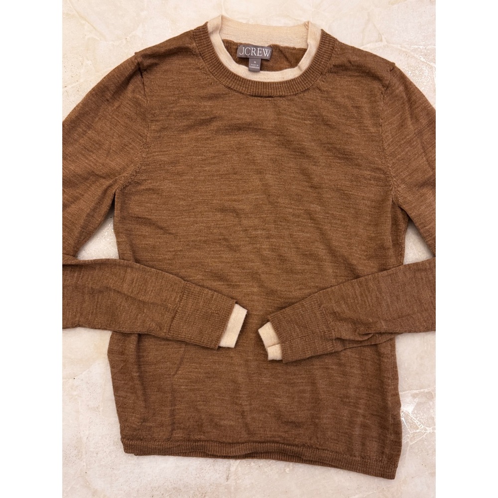 J.Crew Womens Merino Wool Crewneck Sweater Brown Contrast Trim CM673 Size M